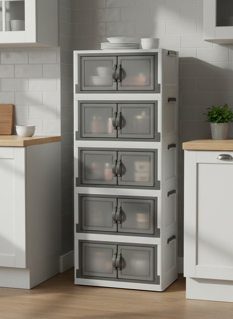 El Watania 5-Tier Plastic Clear-Door Storage Cabinet, White and Grey Display Drawers, Organizer Unit with Transparent Doors, Home Office Storage Solution - Image 2